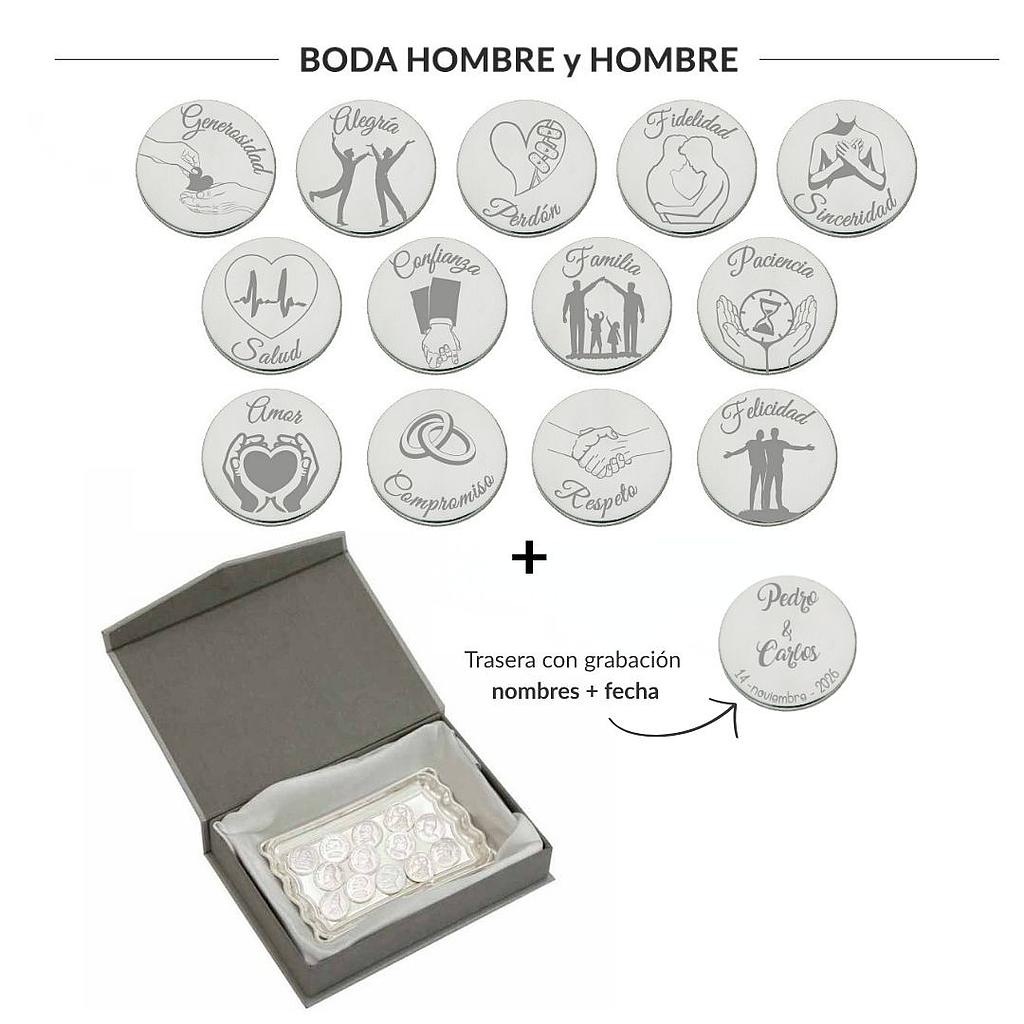 ARRAS PERSONALIZADAS BODA HOMBRE + HOMBRE · PLATA DE LEY + BANDEJA + ESTUCHE