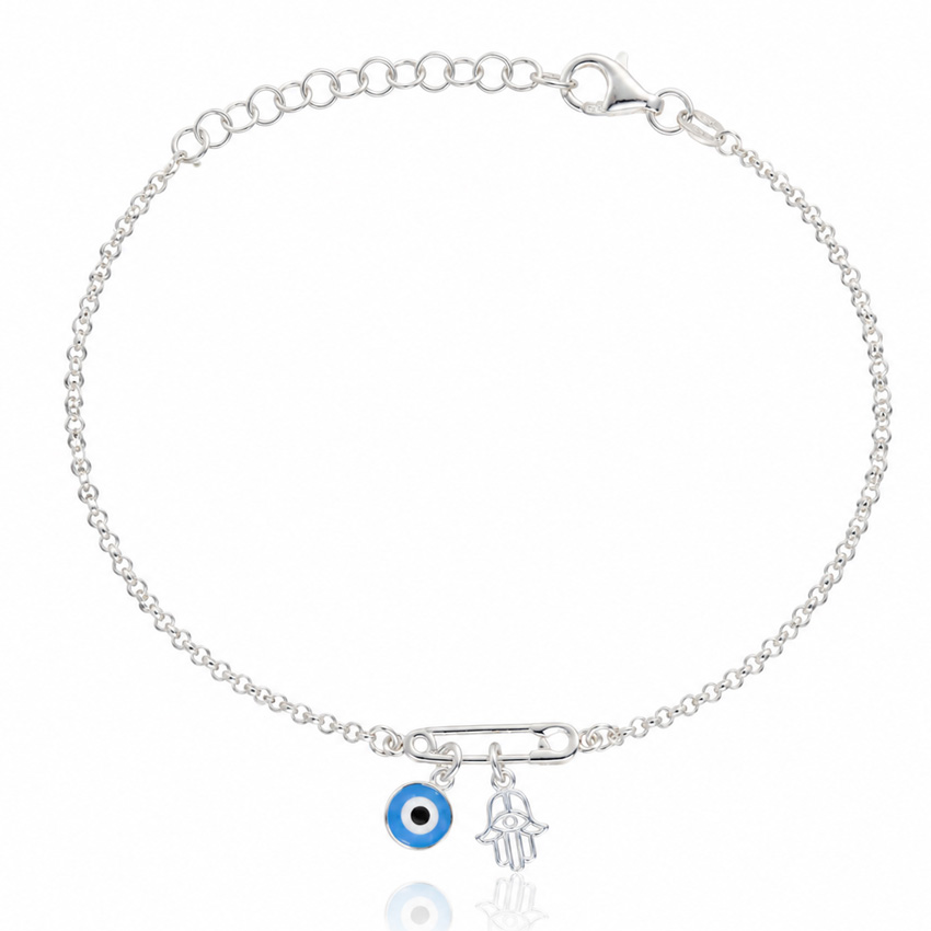 PULSERA PLATA 925MM IMPERDIBLE + MANO FATIMA + OJO TURCO