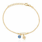 PULSERA PLATA CHAPADA EN ORO IMPERDIBLE + MANO FATIMA + OJO TURCO